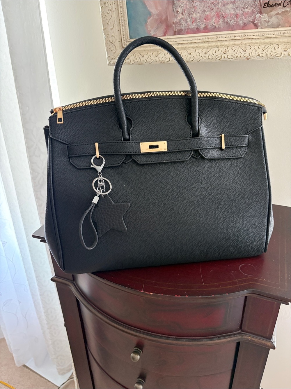 Classic Black Satchel Tote with Gold Accents
